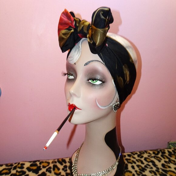 Vintage Kathie Lee Collection Extra Large Floral Scarf black roses head wrap bow - Picture 11 of 16